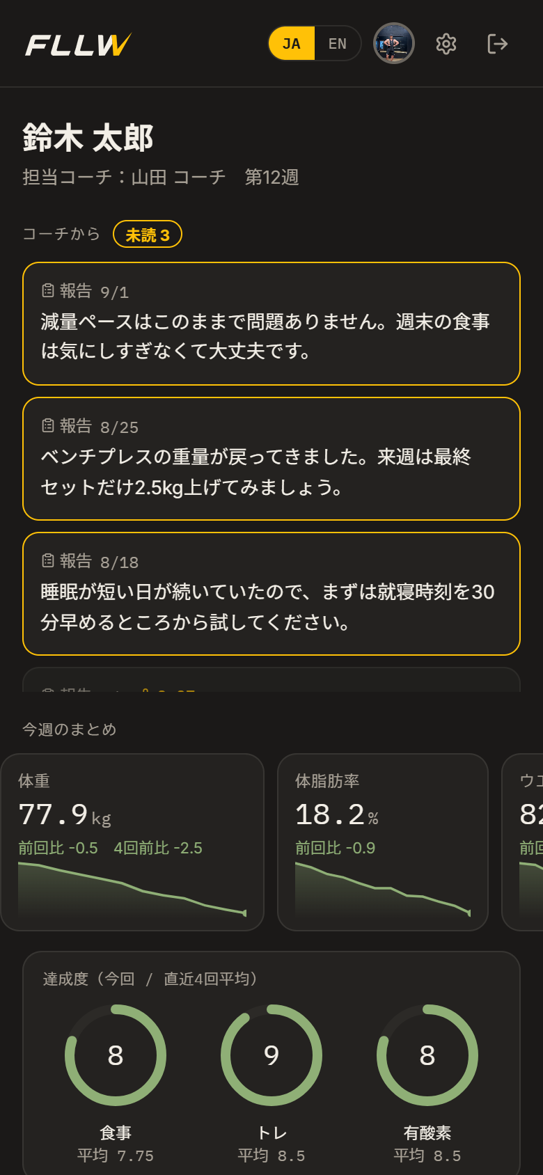 クライアントのホーム。コーチからのコメントと直近チェックインのまとめが並ぶ